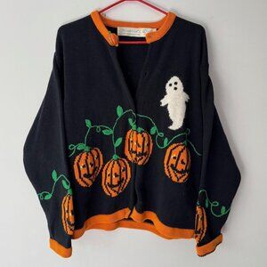 90s vintage eagles eye halloween pumpkin novelty knit button up cardigan sweater